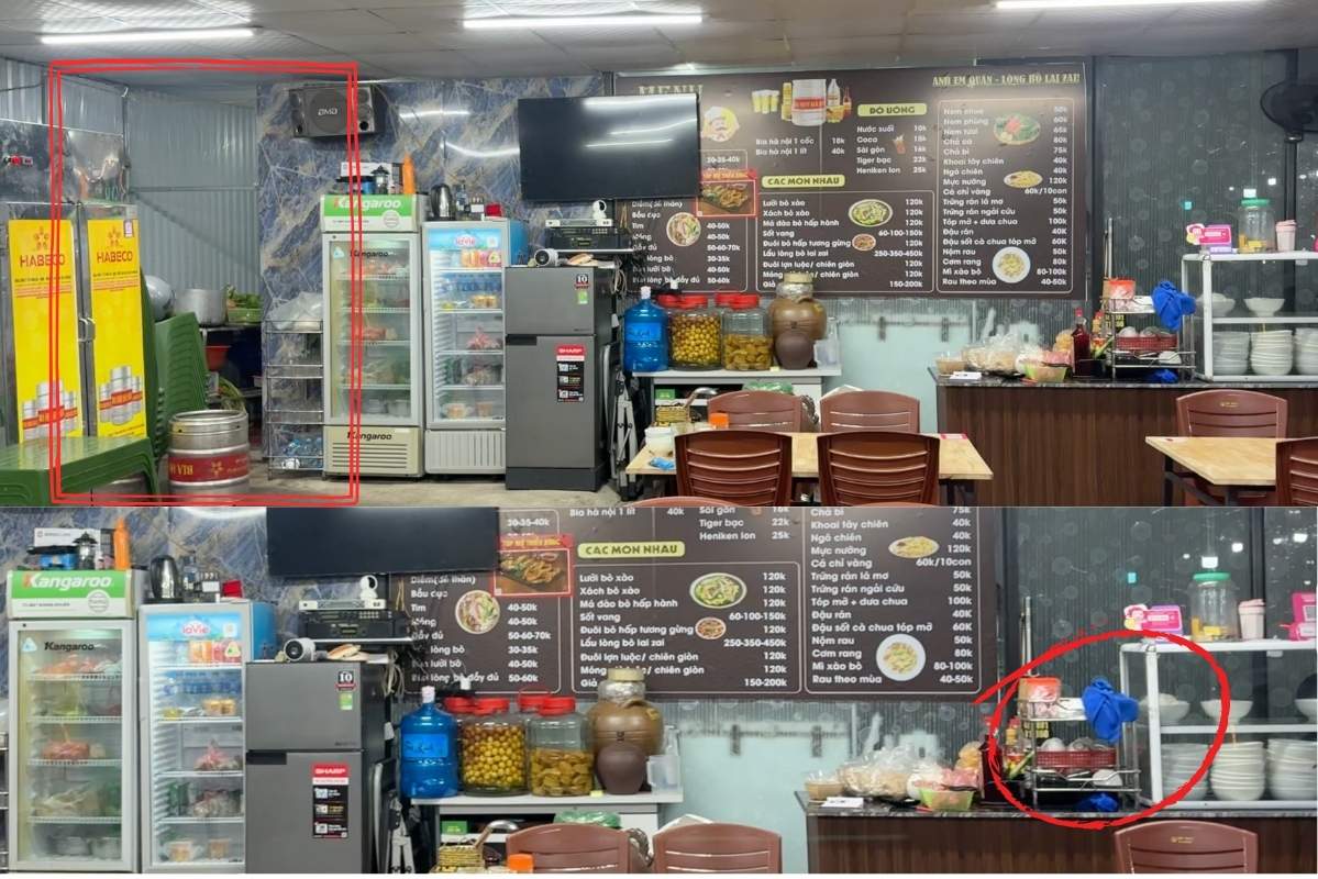 Khu vực bếp ăn nằm sau bức tường khiến quá trình chế biến, nấu ăn khó được kiểm chứng. Cùng với đó, chiếc khăn xanh được đặt chơ vơ trên kệ bát không được che chắn. Ảnh: PV 