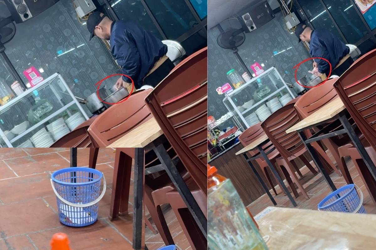 Người phục vụ ngang nhiên “tay trần” lấy thức ăn từ nồi cho vào chậu để mang vào khu vực bếp. Ảnh: PV 