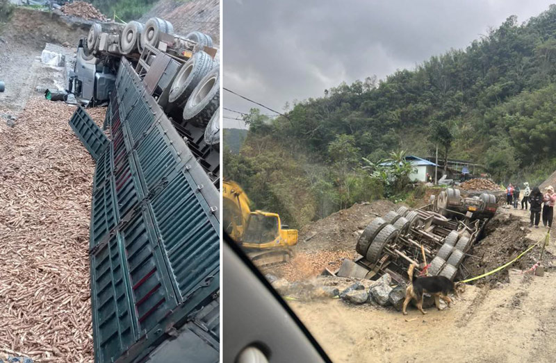 Truck carrying cassava overturned on National Highway 34. Photo: Phuong Quan