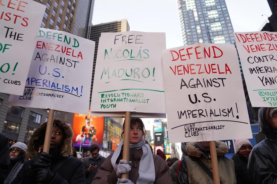 People participate in a protest against US attacks on Venezuela in New York City, USA, January 3, 2026. Photo: Xinhua