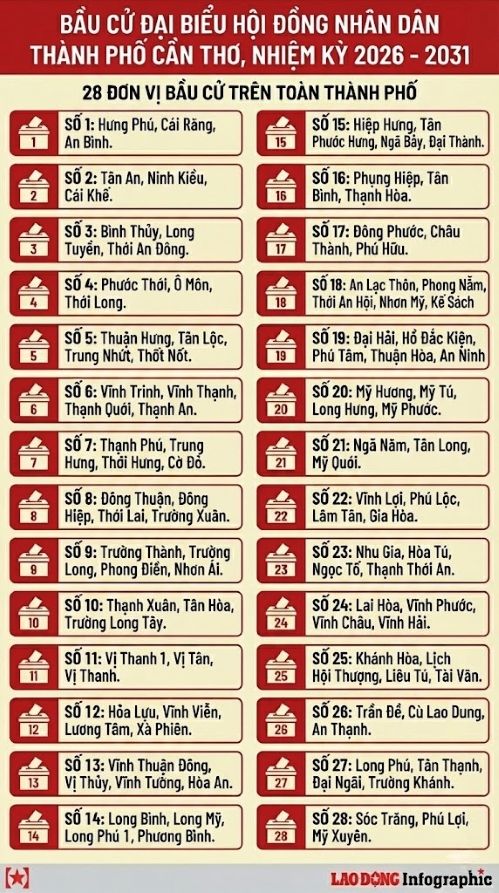 Chi tiet 28 Ban bau cu o 28 don vi bau cu dai bieu HDND TP Can Tho, nhiem ky 2026 - 2031. Do hoa: Phuong Anh