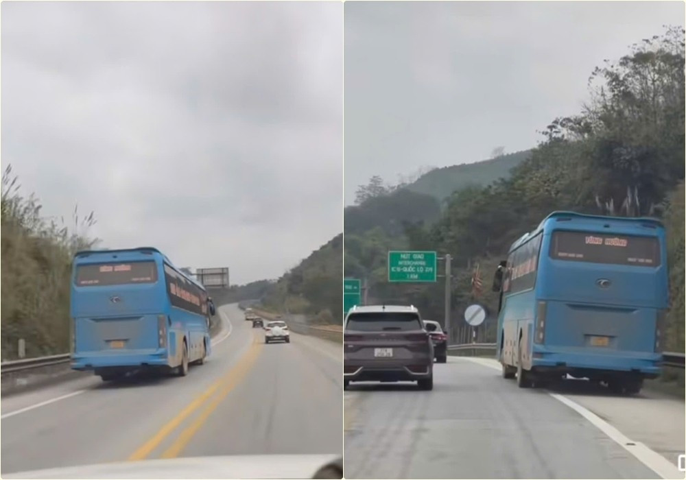 The passenger car going in the opposite direction, running in an emergency lane on the Noi Bai - Lao Cai expressway, caused traffic unsafety. Photo: Traffic Police