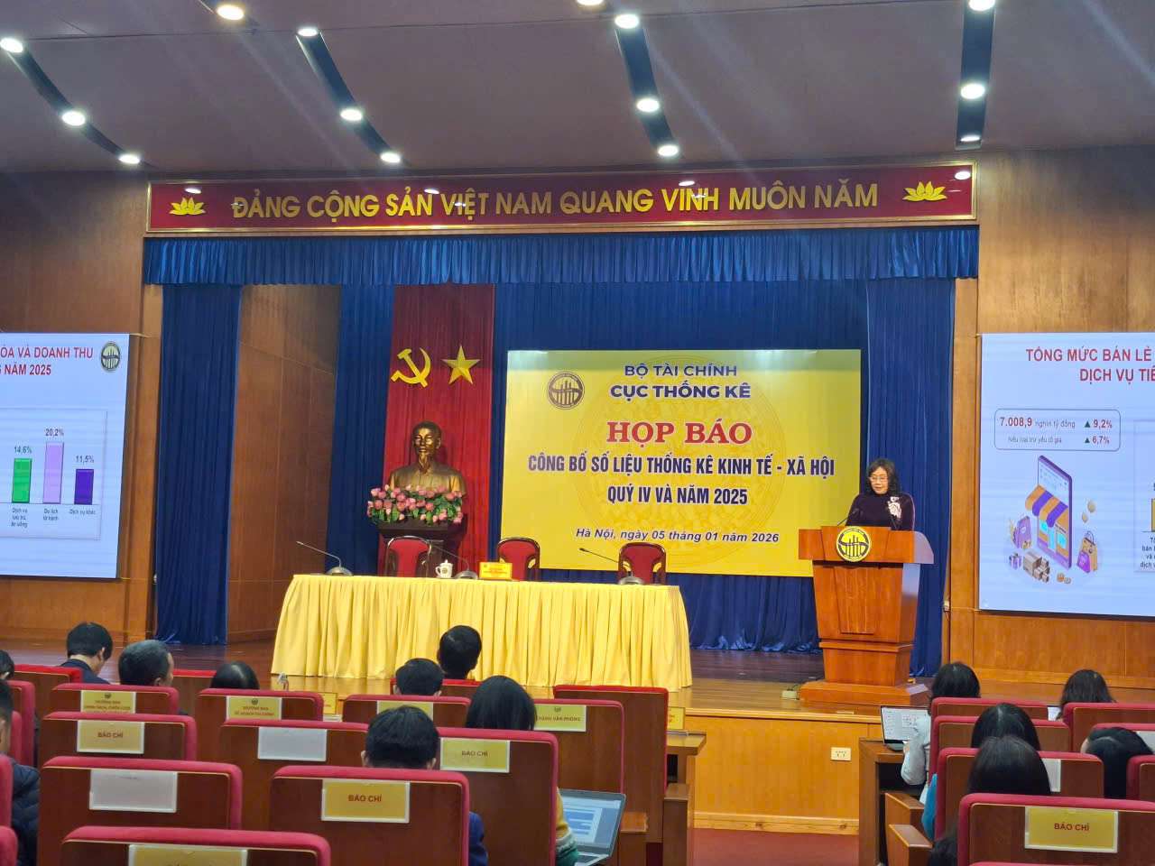 Ba Nguyen Thi Huong – Cuc truong Cuc Thong ke phat bieu tai Hop bao. Anh: Tuyet Lan