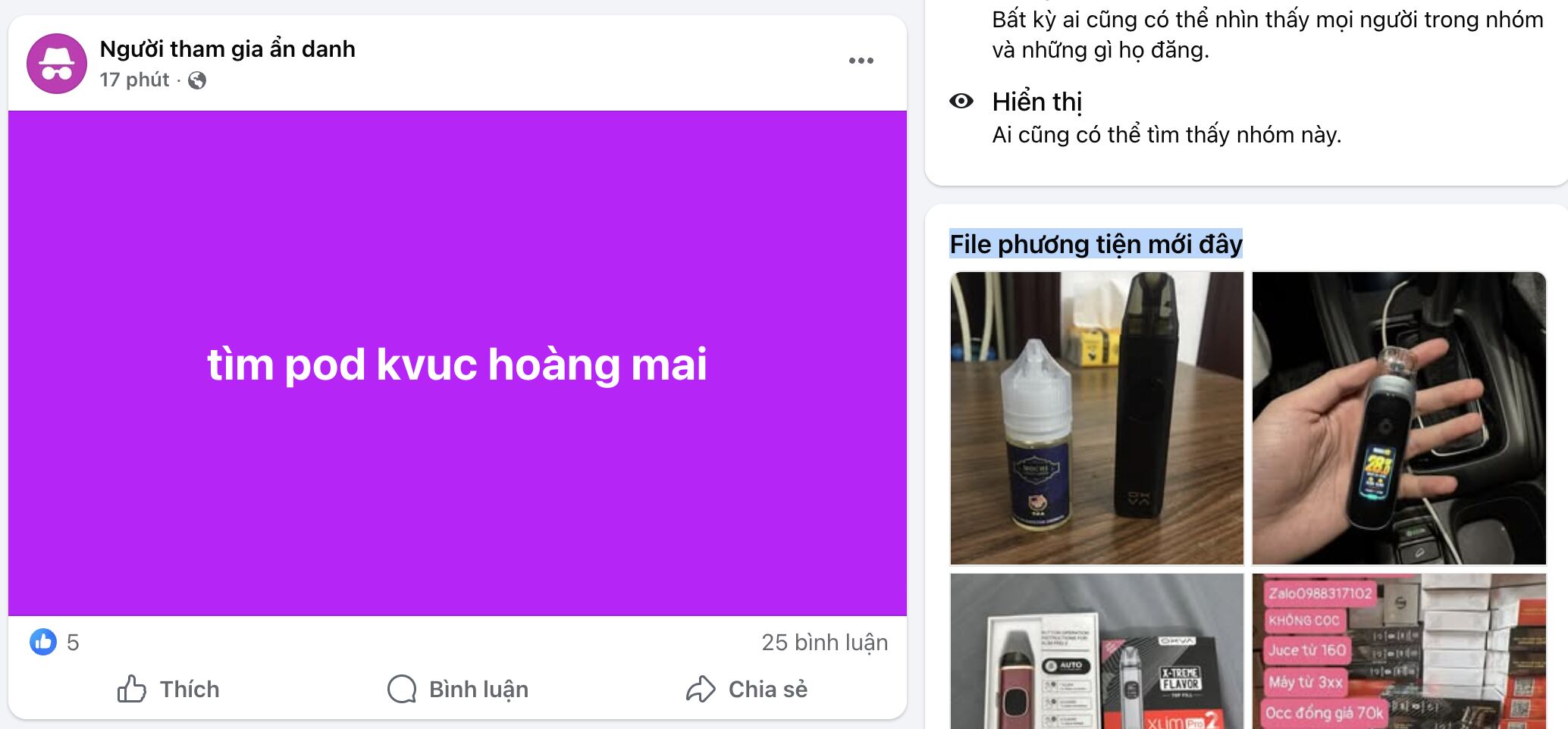 Trao doi mua ban thuoc la dien tu tren nhom “Pod Ha Noi“ duoc cap nhat theo tung phut.