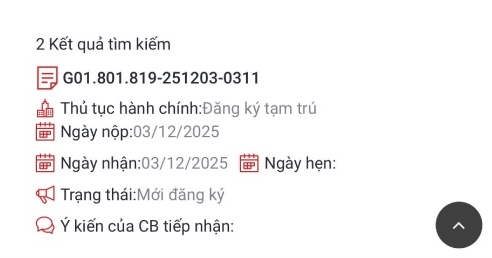 Chị L.T.N gửi hồ sơ đăng ký tạm trú trên Cổng Dịch vụ công Quốc gia từ ngày 3.12.2025 nhưng đến ngày 5.1.2026 vẫn chưa được tiếp nhận, xử lý. Ảnh: NVCC