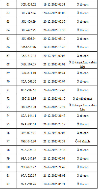 Danh sach phuong tien vi pham duoc camera AI ghi nhan. Nguon: Cong an Ha Noi