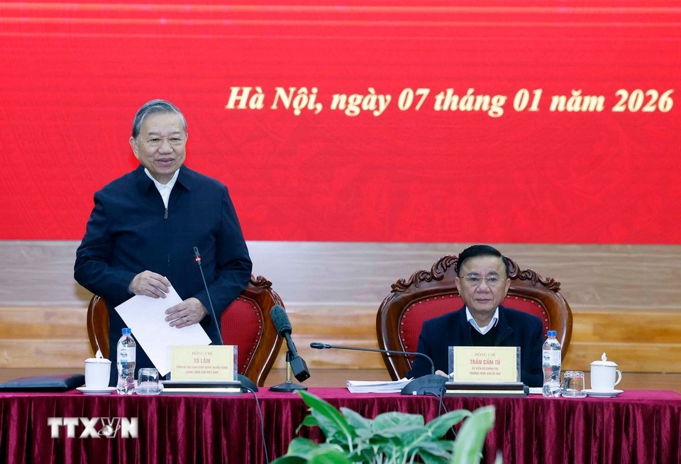 General Secretary To Lam works with the Central Policy and Strategy Committee. Photo: VNA