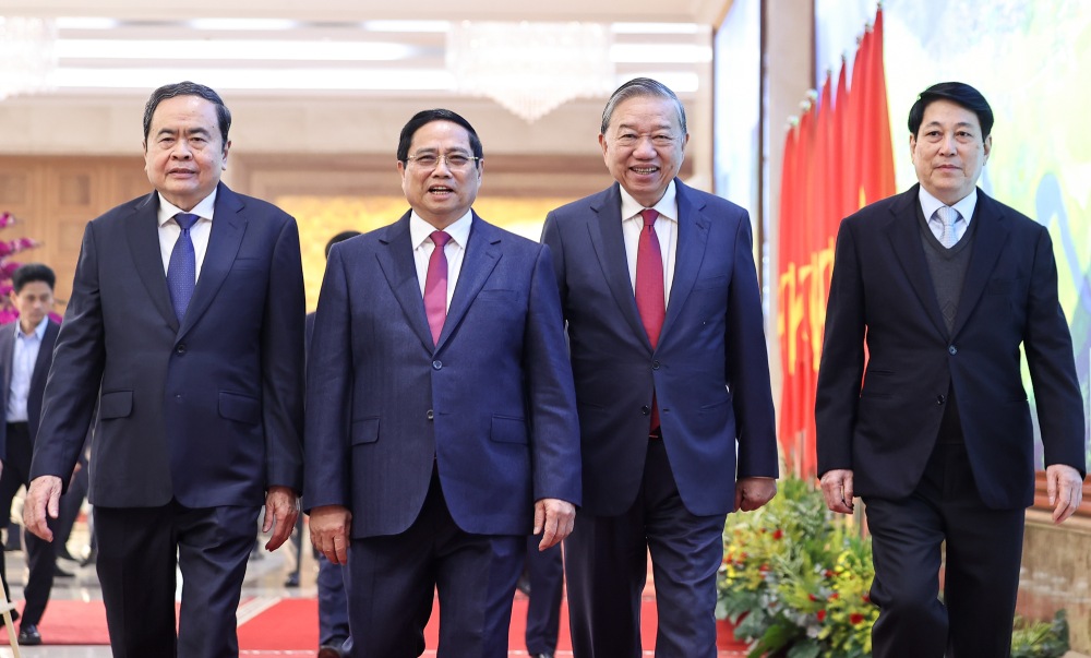 General Secretary To Lam, President Luong Cuong, Prime Minister Pham Minh Chinh, National Assembly Chairman Tran Thanh Man attended the national conference of the Government and local authorities. Photo: VGP/Nhat Bac