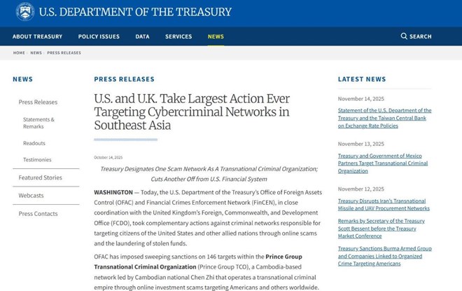 Ngay 14.10.2025, My va Anh tien hanh chien dich triet pha cac mang luoi toi pham mang tai Dong Nam A, trong do co trum lua dao Chen Zhi. Anh: Website Bo Tai chinh My