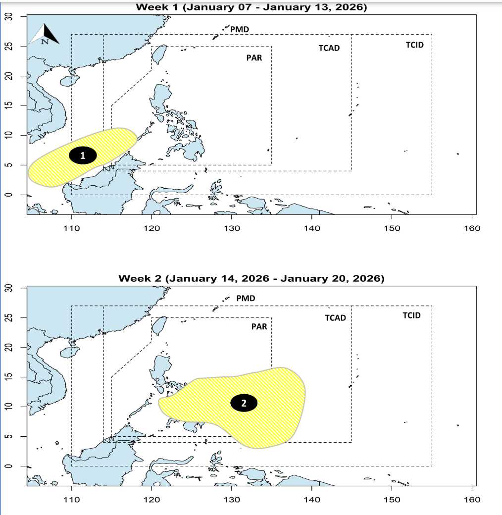 Du bao 2 ap thap co kha nang xuat hien tren va gan Bien Dong trong thang 1. Anh: PAGASA