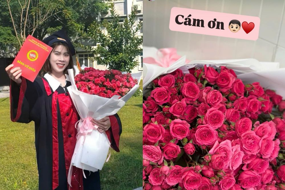 Volleyball player Lam Oanh receives gifts from her boyfriend on graduation day. Photo: FBNV