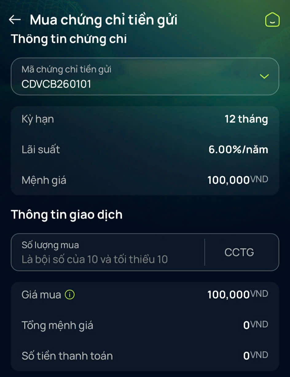 Thong tin san pham chung chi tien gui tren ung dung VCB Digital. 