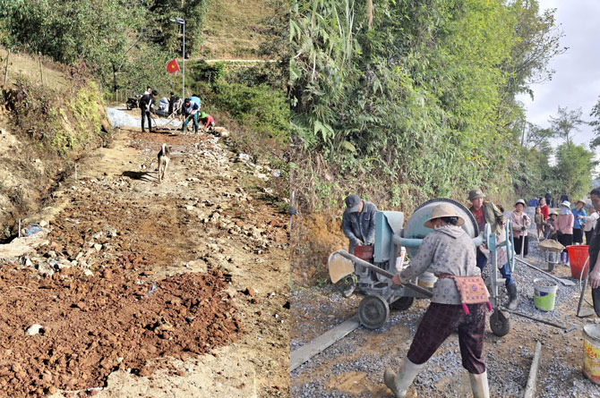 Du dieu kien thi cong con nhieu kho khan, khong co may tron be tong, vat lieu phai van chuyen quang duong xa nhung nguoi dan Sa Pa deu dong long, chung suc. Anh: Bao Nguyen
