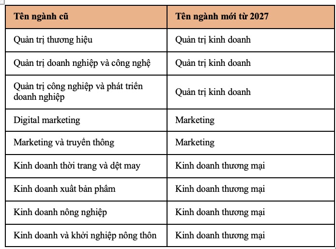 Danh mục các ngành thuộc nhóm ngành kinh doanh - quản lý đổi tên từ năm 2027. Ảnh: Tường Vân
