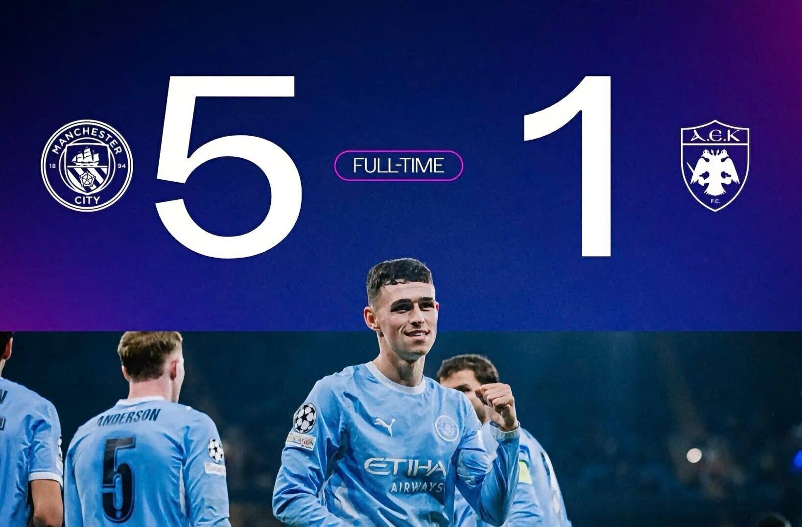 Phil Foden scores hat-trick, Man City wins big against AEK Athens