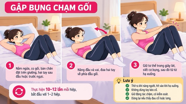 Động tác gập bụng chạm gối, giữ tư thế trong giây láy sau đó hạ người có kiểm soát để giảm mỡ bụng hiệu quả. Ảnh do AI tạo