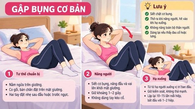 3 bài tập gập bụng trên giường đơn giản hỗ trợ giảm mỡ bụng