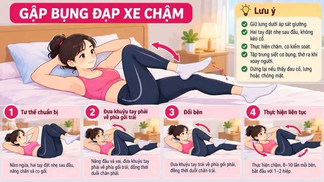 Gập bụng đạp xe bắt đầu với 8-10 lần mỗi bên. Ảnh do AI tạo
