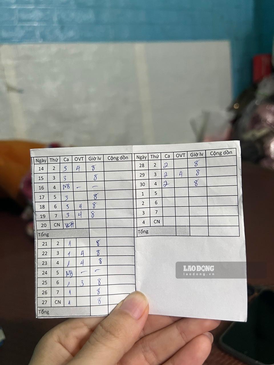 Bảng chấm công của chị Mừng. Ảnh: Minh Hương