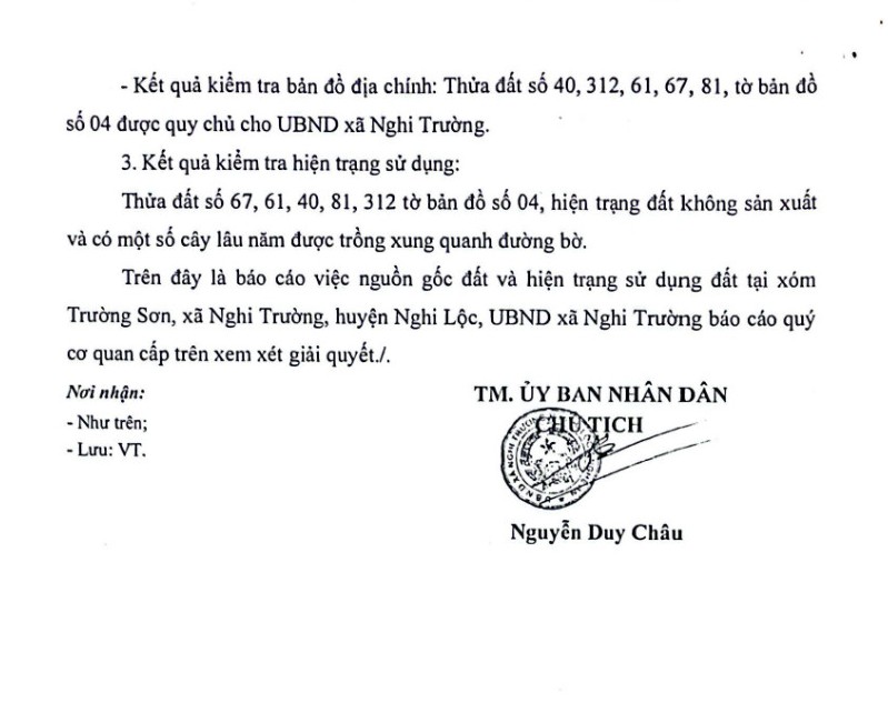 Báo cáo của UBND xã Nghi Trường về nguồn gốc, hiện trạng khu đất quy hoạch dự án Nhà máy xốp Hưng Luận. Ảnh: Ngọc Anh