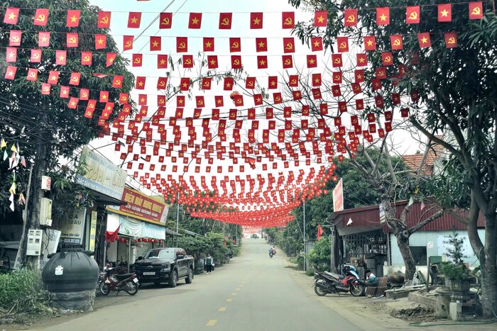 Red flags with yellow stars, flags, flowers, and lanterns are hung all over provincial road 313C, about 3km long. Photo: To Cong.