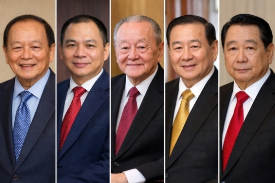 The 5 richest billionaires in Southeast Asia at the beginning of 2026 according to Forbes, including (from left to right): Prajogo Pangestu (Indonesia), Pham Nhat Vuong (Vietnam), Low Tuck Kwong (Indonesia), R. Budi Hartono (Indonesia) and Michael Hartono (Indonesia). Graphics: Minh Huy