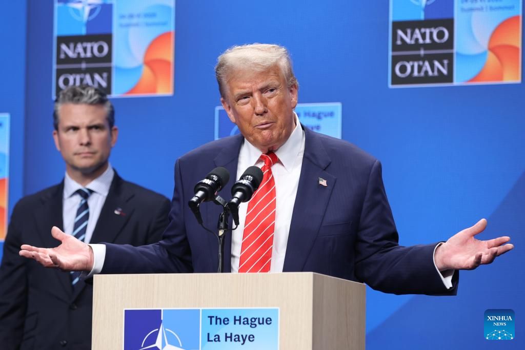 Mr. Trump in a speech about Iran at the NATO summit in June 2025. Photo: Xinhua