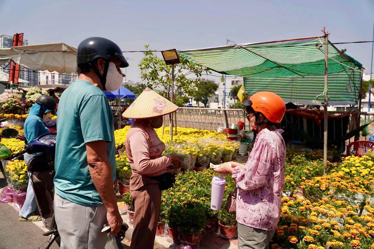 Gian hàng hoa cúc, vạn thọ và mâm xôi cũng thu hút sự quan tâm của nhiều khách. Giá giao động từ vài chục nghìn đồng đến 250.000 đồng/chậu. Ảnh: Anh Tú