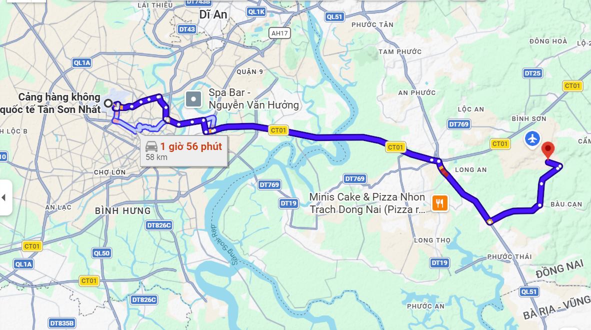 Lộ trình từ sân bay Tân Sơn Nhất đi sân bay Long Thành.  Ảnh: Minh Quân