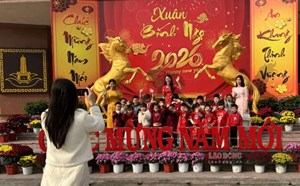 Horse mascot at commune cultural house in Ninh Binh attracts tourists to take photos