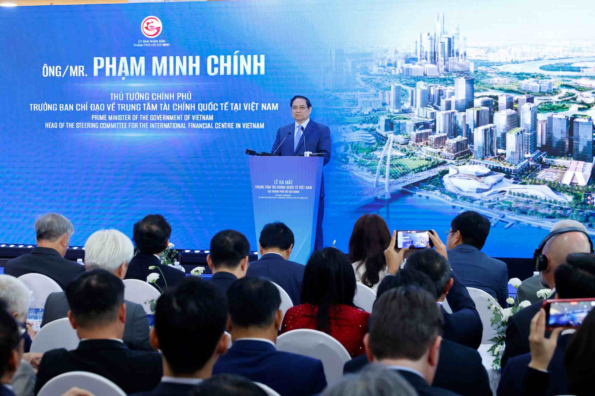 Prime Minister Pham Minh Chinh speaks at the launch ceremony of the Vietnam International Finance Center in Ho Chi Minh City. Photo: VGP/Nhat Bac