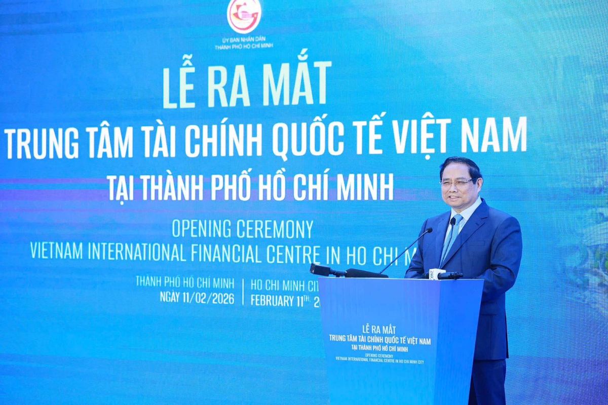 Prime Minister Pham Minh Chinh speaks at the Launching Ceremony of Vietnam International Finance Center in Ho Chi Minh City. Photo: HDBank