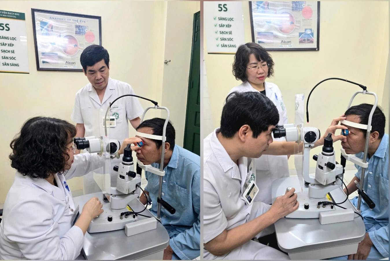 BSCKII Lê Việt Sơn - Trưởng khoa và BSCKII. Phùng Thị Thuý Hằng - Phó Trưởng khoa Mắt kiểm tra cho bệnh nhân trước giờ xuất viện. Ảnh: Nguyên Hà