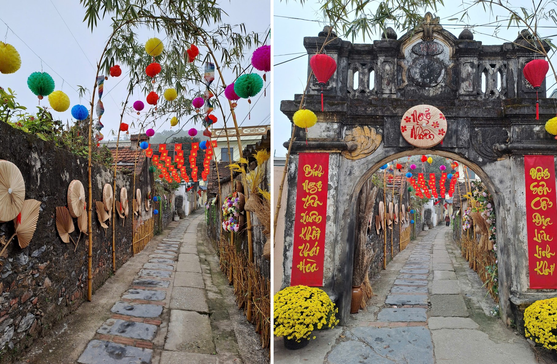 Ngoài tham gia “Tết xưa làng cổ“, làng cổ Đông Sơn bố trí nhiều điểm check-in như cổng chợ, cổng làng, cổng ngõ cổ Nhân - Nghĩa - Trí - Dũng.