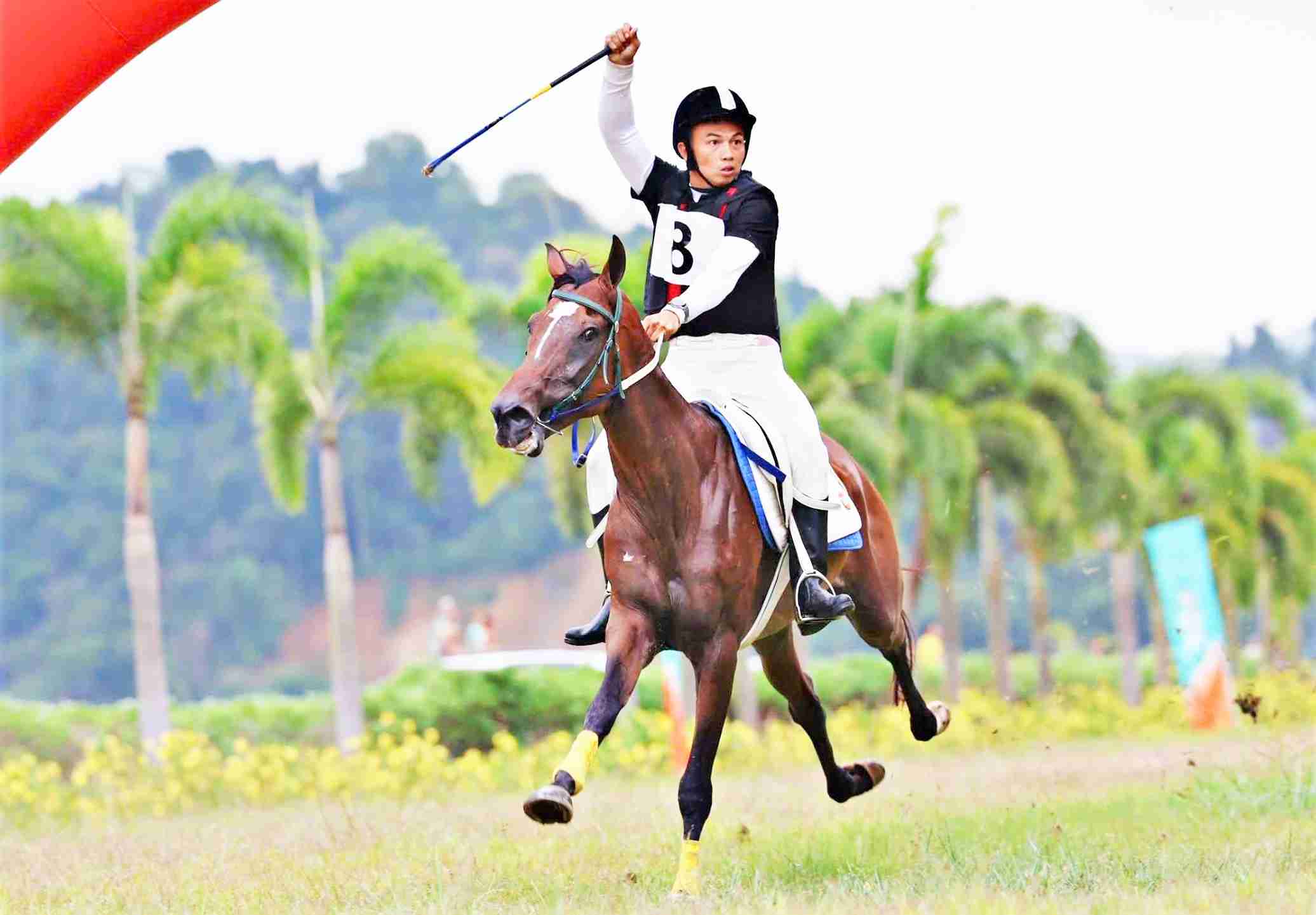 Vận động viên điều khiển ngựa về đích dành thắng lợi tại một cuộc đua ở trường đua Thiên Mã - Mađaguôi. Ảnh: Phúc Khánh 