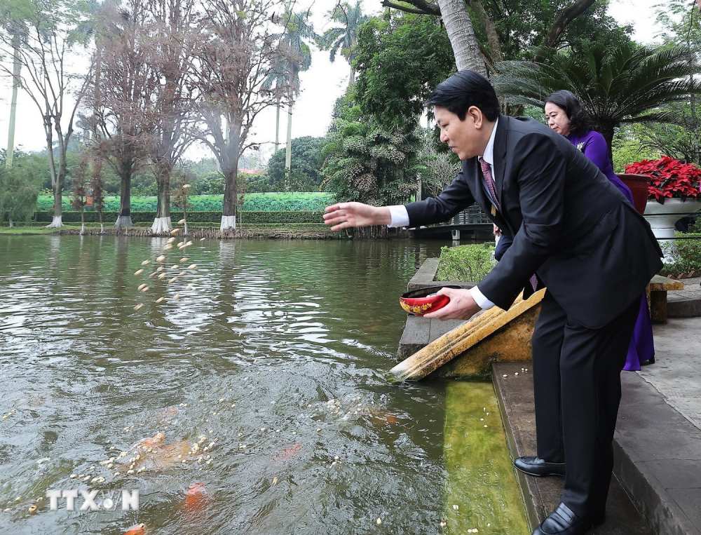 Chủ tịch nước Lương Cường và Phó Chủ tịch nước Võ Thị Ánh Xuân cho cá ăn tại Ao cá Bác Hồ, Khu Di tích Chủ tịch Hồ Chí Minh trong Phủ Chủ tịch. Ảnh: Lâm Khánh