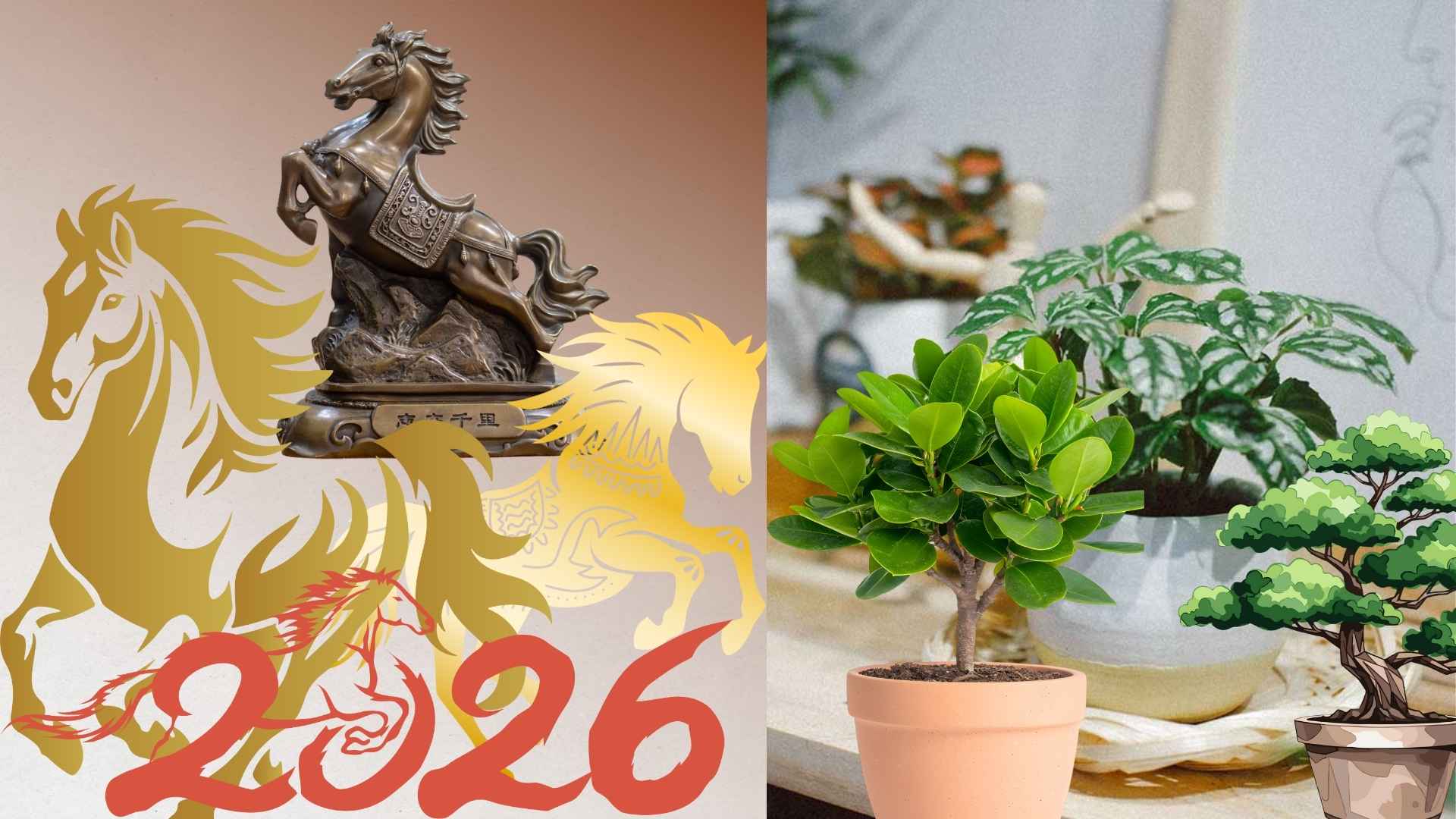 Tượng ngựa và cây phong thủy không chỉ làm đẹp không gian mà còn góp phần kích hoạt vượng khí, tăng sinh khí cho ngôi nhà. Đồ họa: Minh Vũ