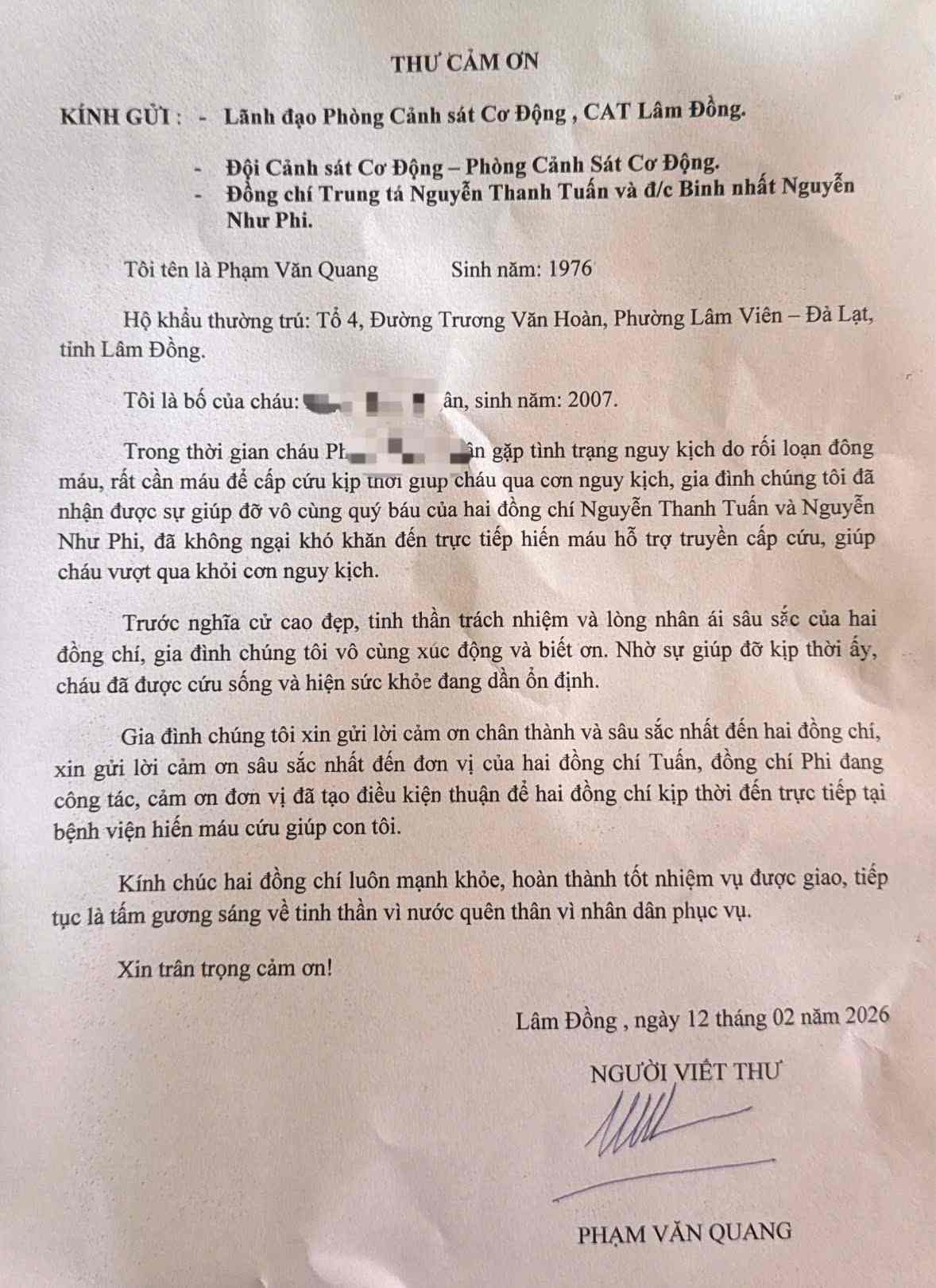 Thư cảm ơn của bố bệnh nhi gửi Phòng Cảnh sát cơ động Công an Lâm Đồng. Ảnh: Công an cung cấp 