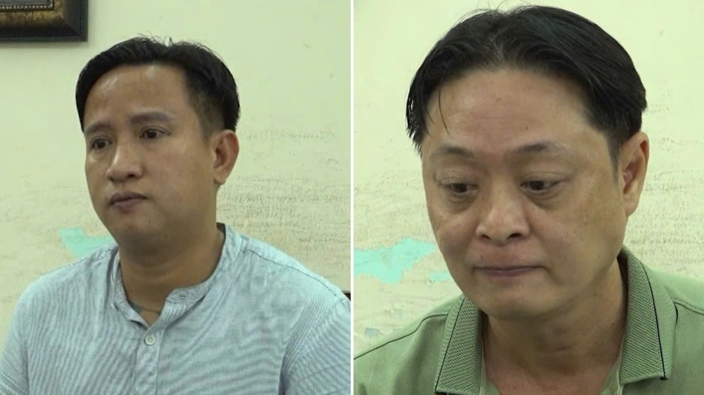 Nguyễn Ngọc Hòa và Nguyễn Minh Thạch tại cơ quan công an. Ảnh: Công an
