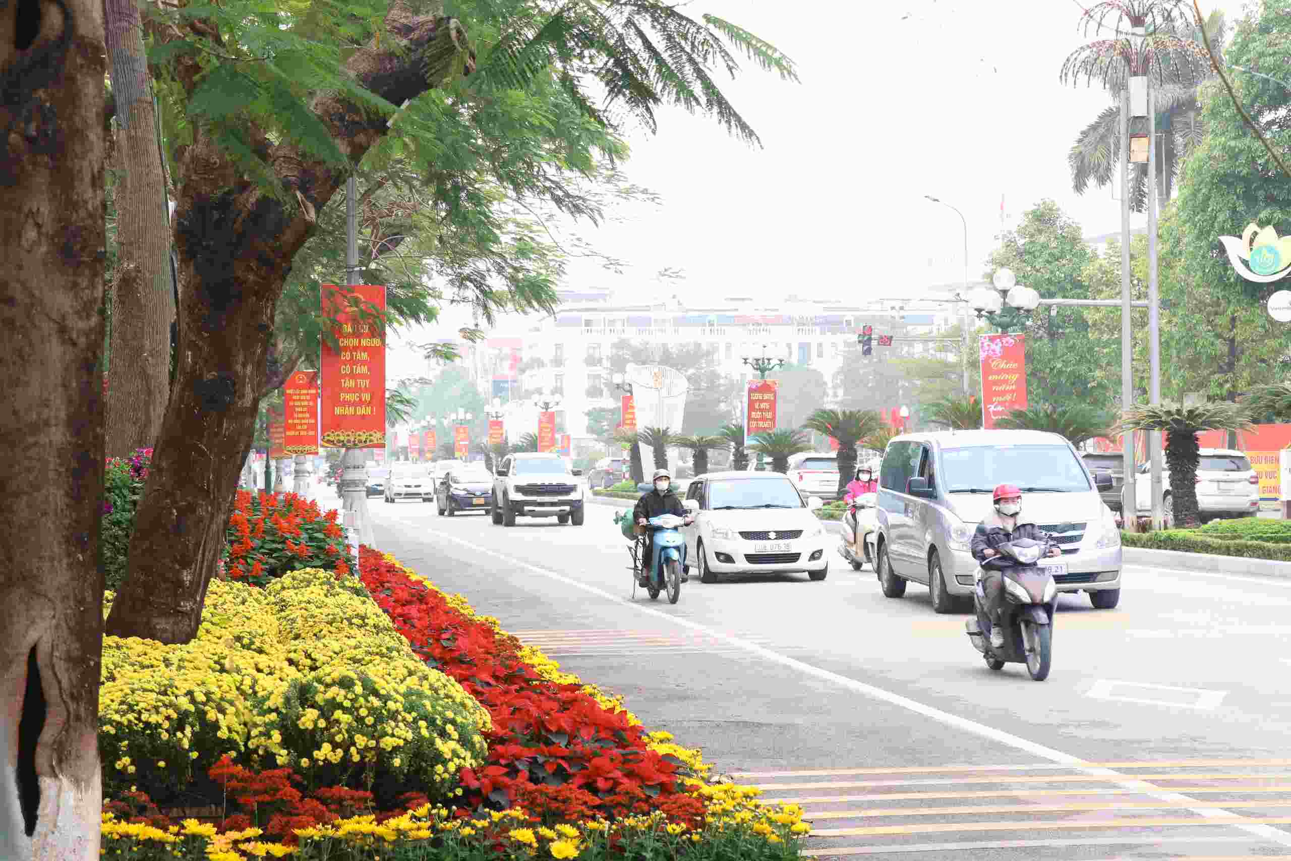 Các con đường, tuyến phố tại phường Bắc Giang rợp trong sắc cờ, hoa chào năm mới. Ảnh: Anh Dũng