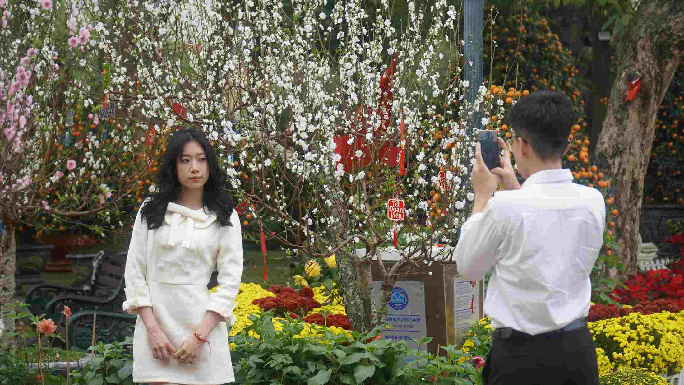 Bạn Ngọc Nga hào hứng chia sẻ, trên đường du xuân tình cờ bắt gặp không gian hoa rực rỡ nên đã “rủ ngay” bạn trai ghé vào chụp một bộ ảnh xuân. “Khung cảnh đẹp quá, bỏ lỡ thì tiếc lắm,” Nga cười nói, cho biết cả hai rất thích thú khi vừa dạo chơi vừa lưu lại những khoảnh khắc ngọt ngào đầu năm. Ảnh: Minh Vũ 