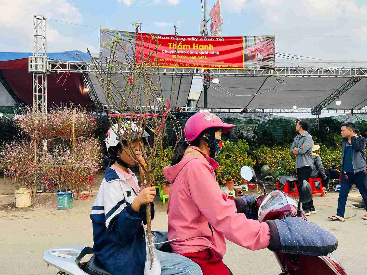 Người dân đi chợ hoa Xuân chọn đào, quất trong những ngày giáp Tết.