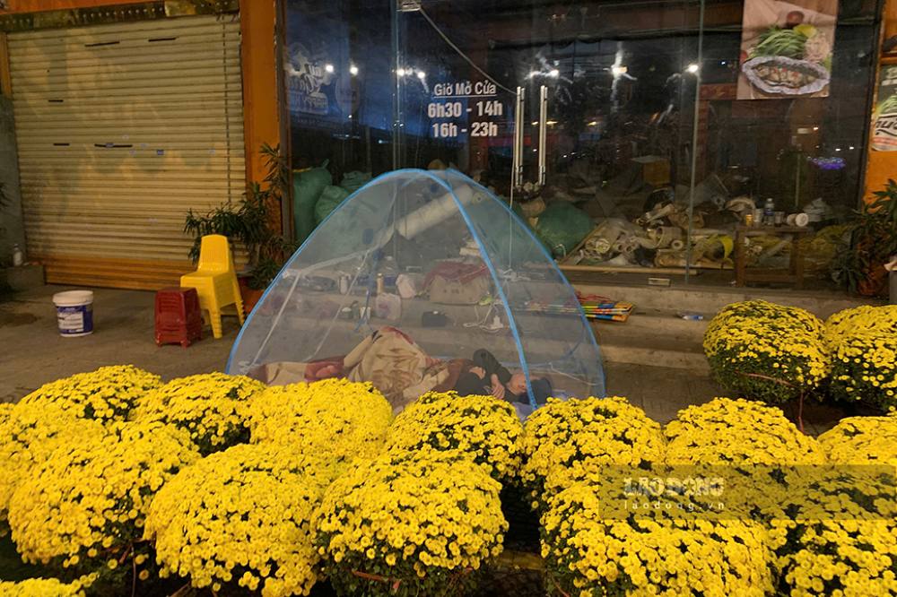 Small traders stay up all night guarding flowers, busy making a living in the days leading up to Tet. Photo: Thanh Huyen