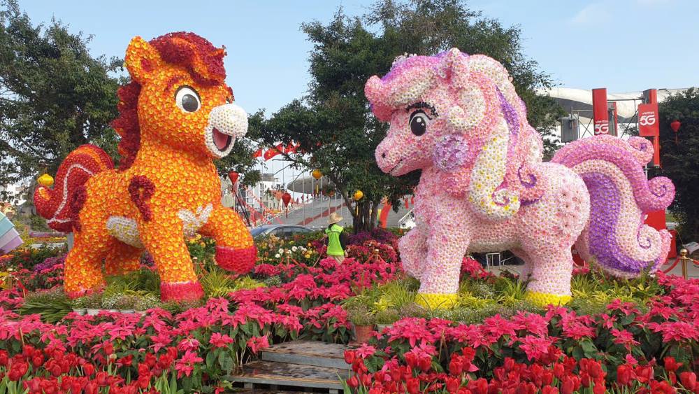 Những con vật trông đáng yêu được tết bằng những bông hoa sặc sỡ. Ảnh: Nguyễn Hùng