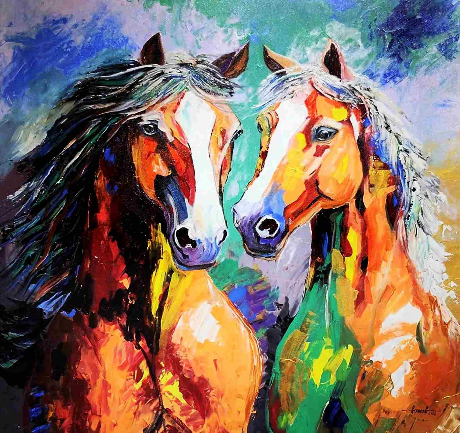 Tác phẩm Song mã uyên ương của họa sĩ Giang Phong. Ảnh: Phúc Khánh 