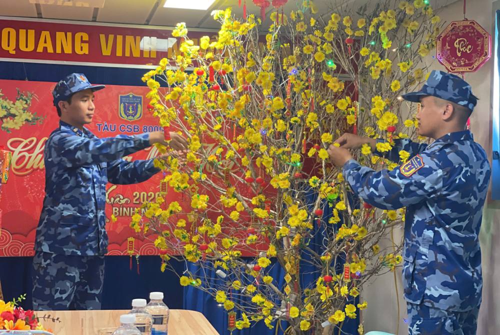 Cán bộ, chiến sĩ Tàu CSB 8005 trang trí cây mai đón Tết. Ảnh: BTL Vùng CSB4