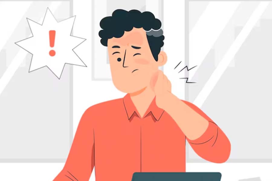 Neck pain due to sitting and working for too long and habits that need to be changed. Graphics: Thien Nhan