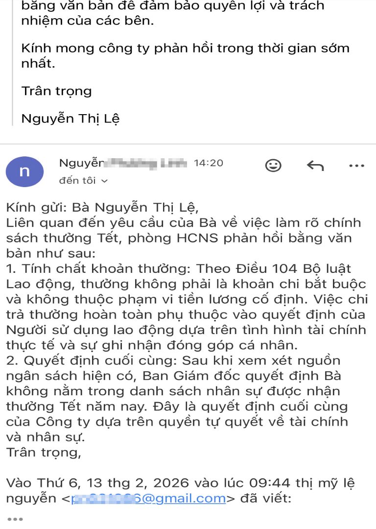 Email phản hồi từ phía người phụ trách hành chính nhân sự của công ty đến chị Nguyễn Thị Lệ. Ảnh: NVCC