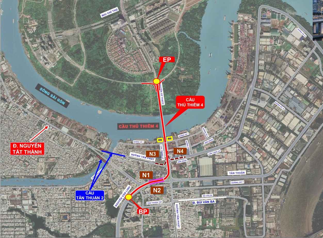 Vị trí xây cầu Thủ Thiêm 4.  Ảnh: Sở Xây dựng TPHCM