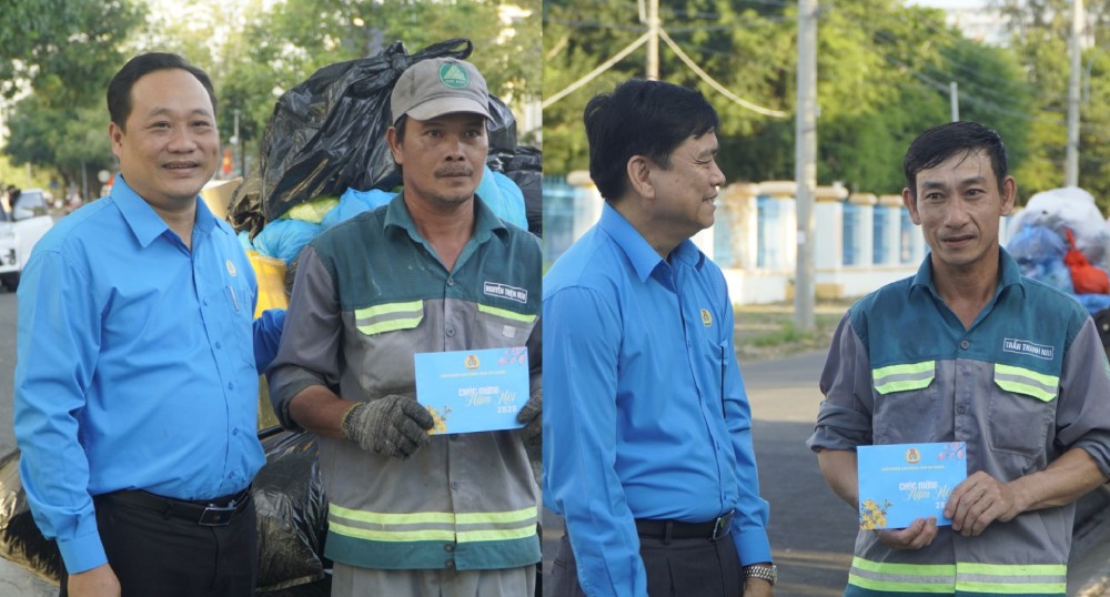 Tặng quà cho đoàn viên, người lao động có hoàn cảnh khó khăn làm công tác vệ sinh môi trường. Ảnh: Nguyên Anh